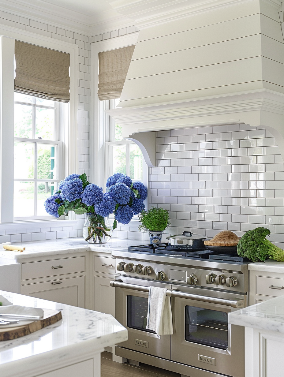 Kitchen design. White subway tile backsplash with scattered bright blue accent tiles.