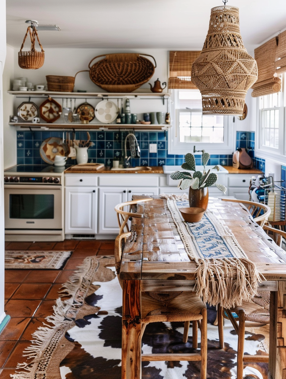 Boho kitchen. Cowhide-patterned rug, high top wooden table with macrame table runner, light brown rattan chairs, and indigo blue Moroccan wall tiles decorated with white traditional quotes.