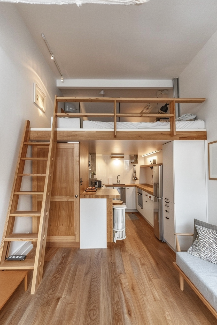 Minimalist apartment. Wooden loft bed with short stairs, overlooking compact white kitchen equipped with vertical storage and stainless steel appliances.