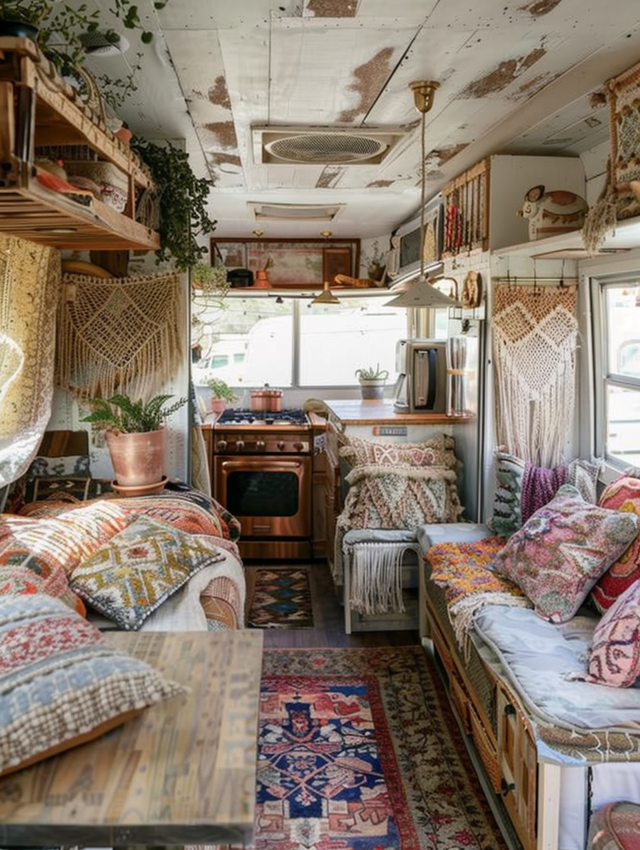 Boho-designed Camper. Weathered wood paneling with purposely mismatched fabric covering the sofas, vintage macrame hanging from the ceiling, ornately patterned rugs on the floor, a small open kitchen area with unpolished copper appliances, whitewash wooden dining table with plump colorful cotton pillows as seats, low illumination with scattered warm fairy lights, threadbare faded curtains at the small tiny windows, and misplaced variety of hanging potted plants throughout the space.