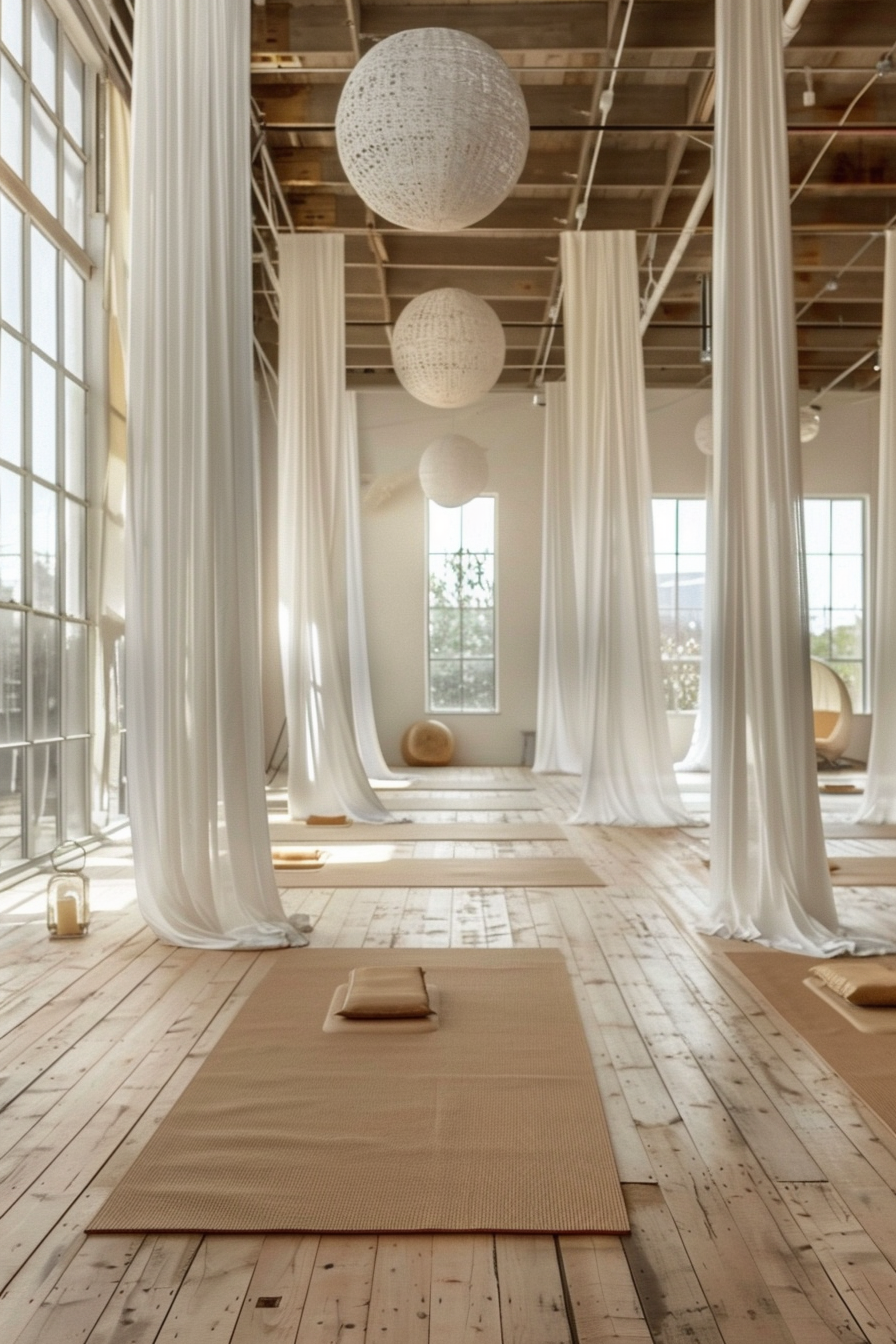 Modern boho yoga studio. Wooden floors with ochre colored mats and beaded white curtains draped over large windows.