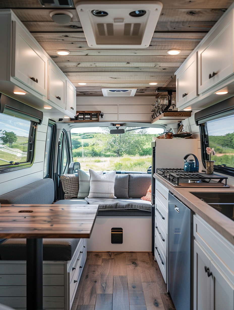 RV interior. White toned walls with a built-in wooden desk in front of a window, a compact kitchen outfitted with stainless steel appliances, a convertible sofa against the opposite wall that opens up to a full-size bed, a small corner partitioned off for the bathroom facilities, and an extending dining area featuring a set of stacked bar tools proximate to the access doors. All systematically illuminated by built-in LED lights on the ceiling's contour.