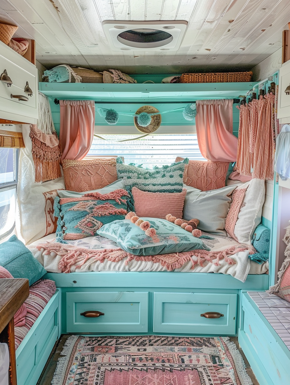 Interior view of Boho-designed camper. Turquoise color schemes with Aztec-inspired throw pillows and pastel pink curtains.