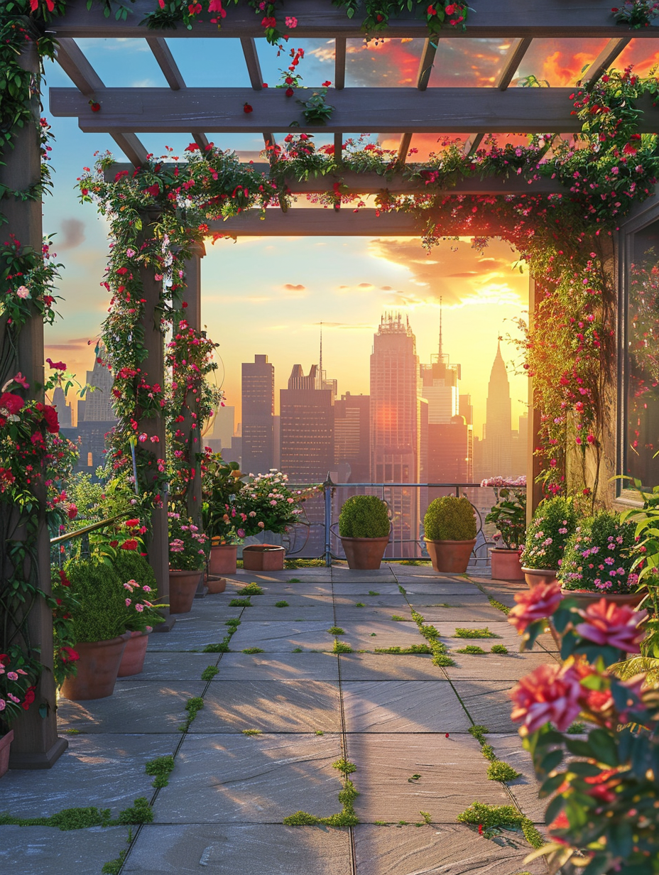 Small urban rooftop. Potted rose bushes and ivy-vined pergolas, casting noonday shadows over a Yorkstone tile pathway. The setting portrays a skyline of skyscrapers in the distance decorated with streaks of fiery hue from the spectacle of a setting sun.