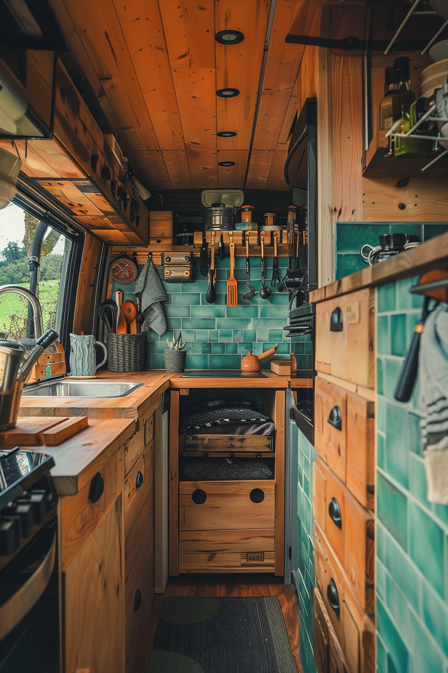 View of a small camper interior. Kitchen area with miniature rustic wooden cabinets, popping light blue tiles and some neat utensils hanging above a long, narrow countertop.