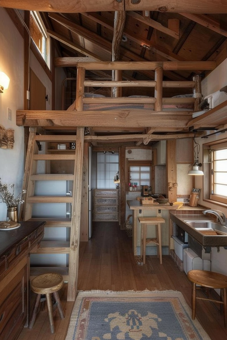 Interior of Japanese tiny house. Wooden loft bed over a compact kitchen space.