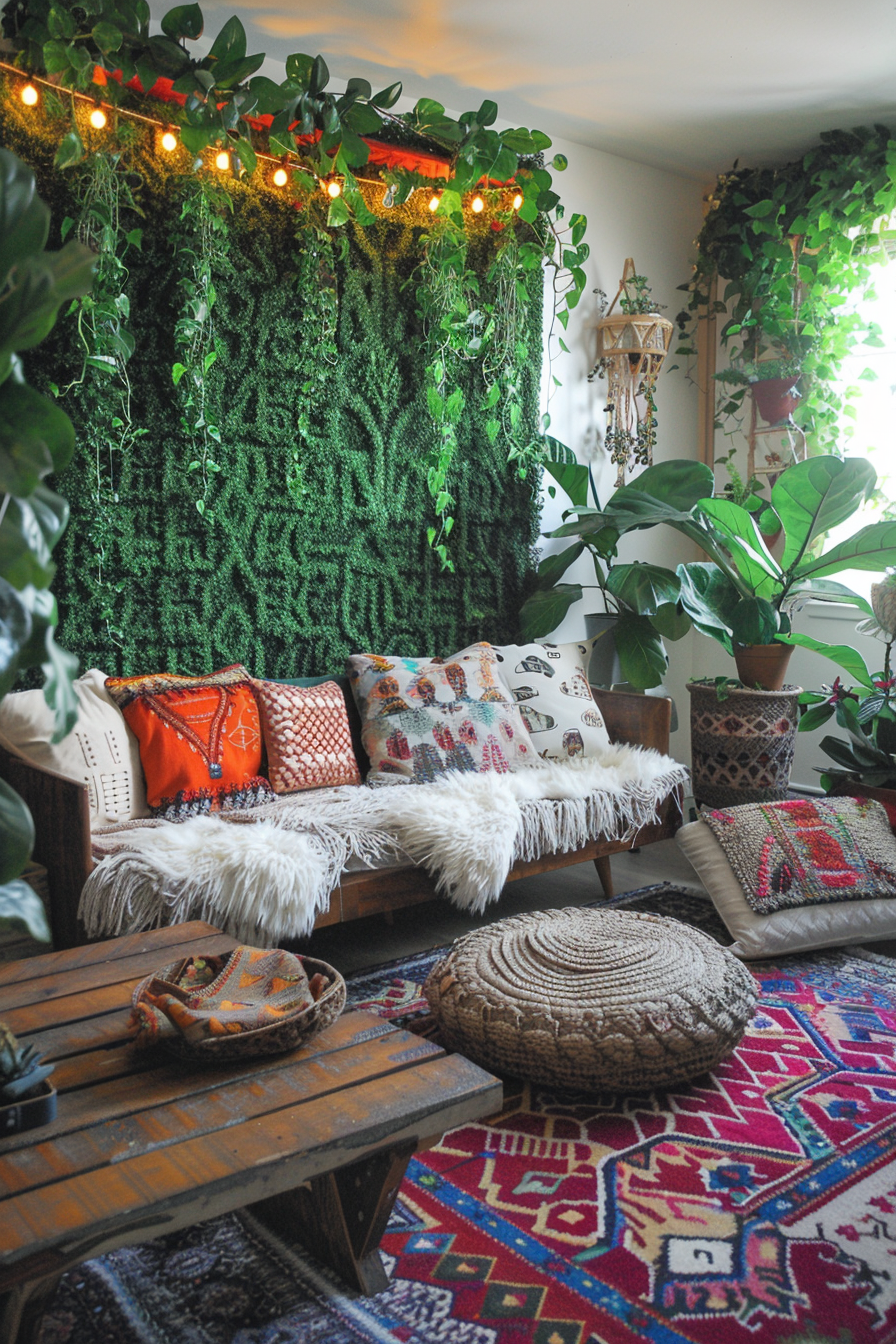 Boho designed living room. Grass wall installation accented by charm-laden drifting houseplants, neutral-toned macrame rug, and vibrant botanical print curtains.