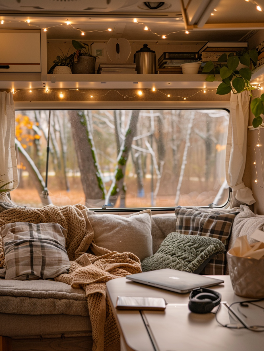 Interior of an RV. Large bay window with a leafy plant in frosted ceramic pot, a stack of books nearby, a foldable desk with a sleek black laptop upon it and an ergonomic use-study chair alongside, a soft-lit LED string lights overhead. A cushioned corner couch with a warm olive plaid blanket, scattered pillows and RF headphones over an ottoman. Above wall-mounted shelf, stabilizing a wifi booster. Minimalistic stain-proof kitchen with cream and chrome colours in the background. Frosty sight of breath shed by cold climate dropping in from roof-window meshing with contrast warm canned soup steam.