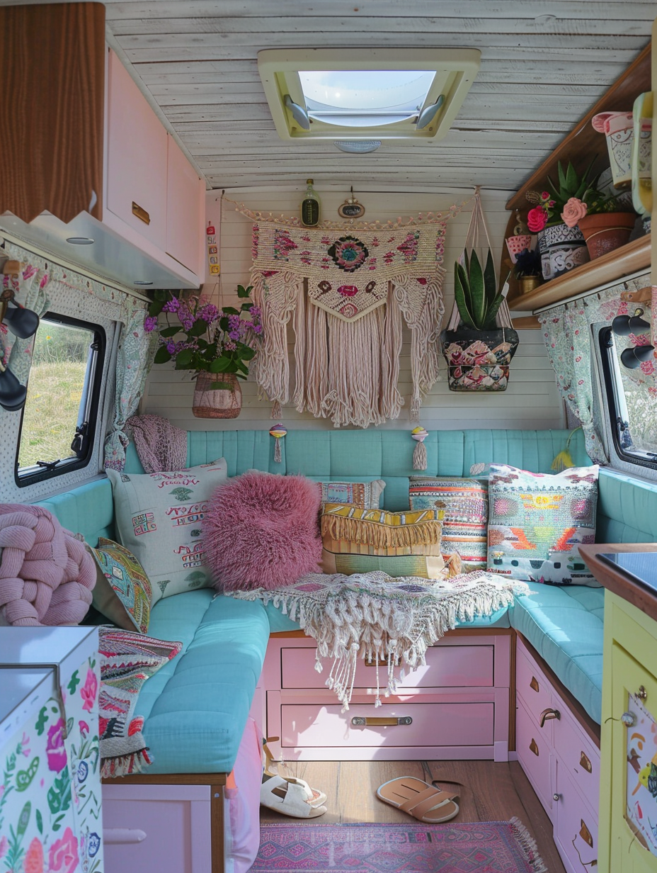 Full interior view of a boho designed camper. Pale turquoise upholstery, creamwood walls with hand-painted pastel aztec patterns, hanging potted succulents and a pink macrame wall hanging.