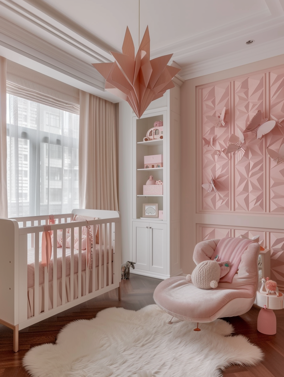 Modern Pink Nursery. Blush colored feature wall with minimalist animal prints. White modern crib with soft pink crib sheet against it. On the crib hangs a fragile-looking origami crane mobile. A cushioned rocking chair next to the crib, upholstered in powder pink. Blond veneer laminated floating bookshelf filled with children's books. Wallpapered second half of the room with different shades of smoky pink geometric pattern. A spacious fur area rug under a marbled white kids play table with pastel seating. Ornate white molding surrounding the floor, windows and doors. A single full-sized window letting in warm sunlight, framed with oversized billowy ruffled sheer drapery that drapes on the herringbone floor. White cabinet with glass doors filled with stuffed animals at the far edge of the room next a pink shaded tall stand lamp. Glossy hateshinai away from the cabinet revealing the reading and playing area in the center with an abstract shaped daybed edged with plush pillows specifically in azalea pink, ballet slipper pink and coral blush. From the ceiling hangs a playful pendant lamp with paper butterflies in a different size over the daybed.