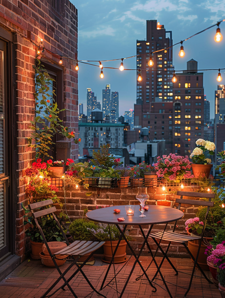 Urban rooftop. Red brick walls sheltering a well-taken-care roof garden with lush flowers, quaint table set illuminated by string bulb lights under a dusk sky.