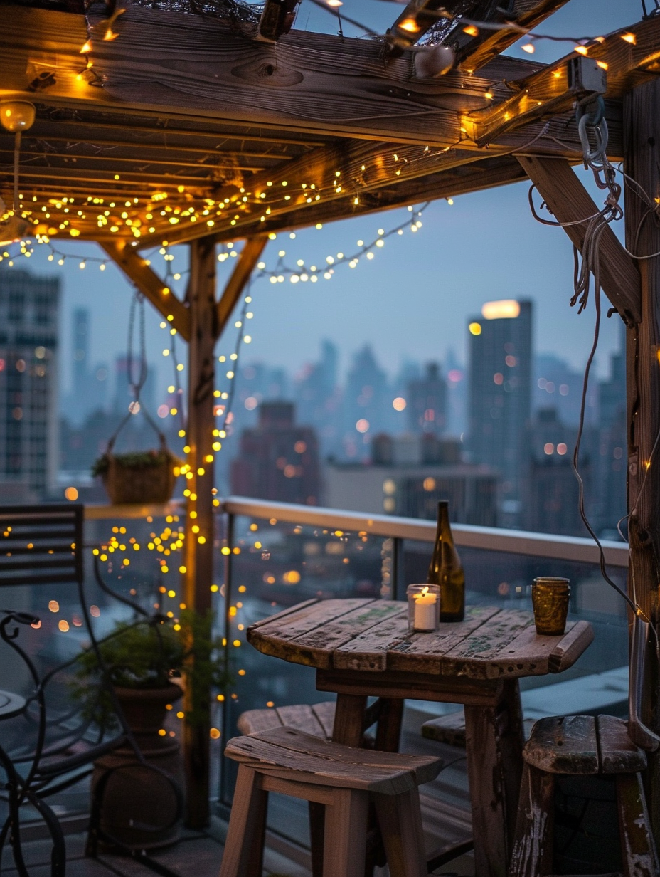 Small and beautiful urban rooftop. Wooden Pergola covered in twinkling fairy lights.