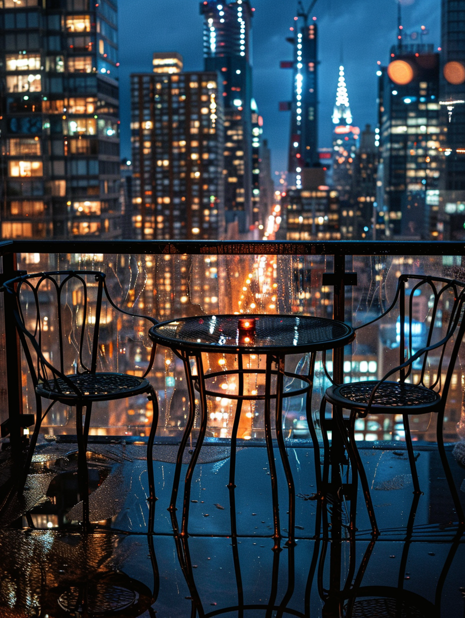 Urban rooftop view. Bright city lights reflecting off a glossy, black iron bistro set.