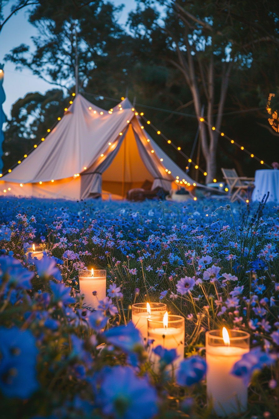 Glamping setup. Sky-blue tinted boho tent with silk drapery, nestled in a backdrop of campanula blue bell flowers under a night sky lit with indigo fairy lights mixed in. Sunflower-yellow pillar candles on a draped white-washed trestle table completed with a trail of centaurea cyanus (cornflower) petal centerpiece.