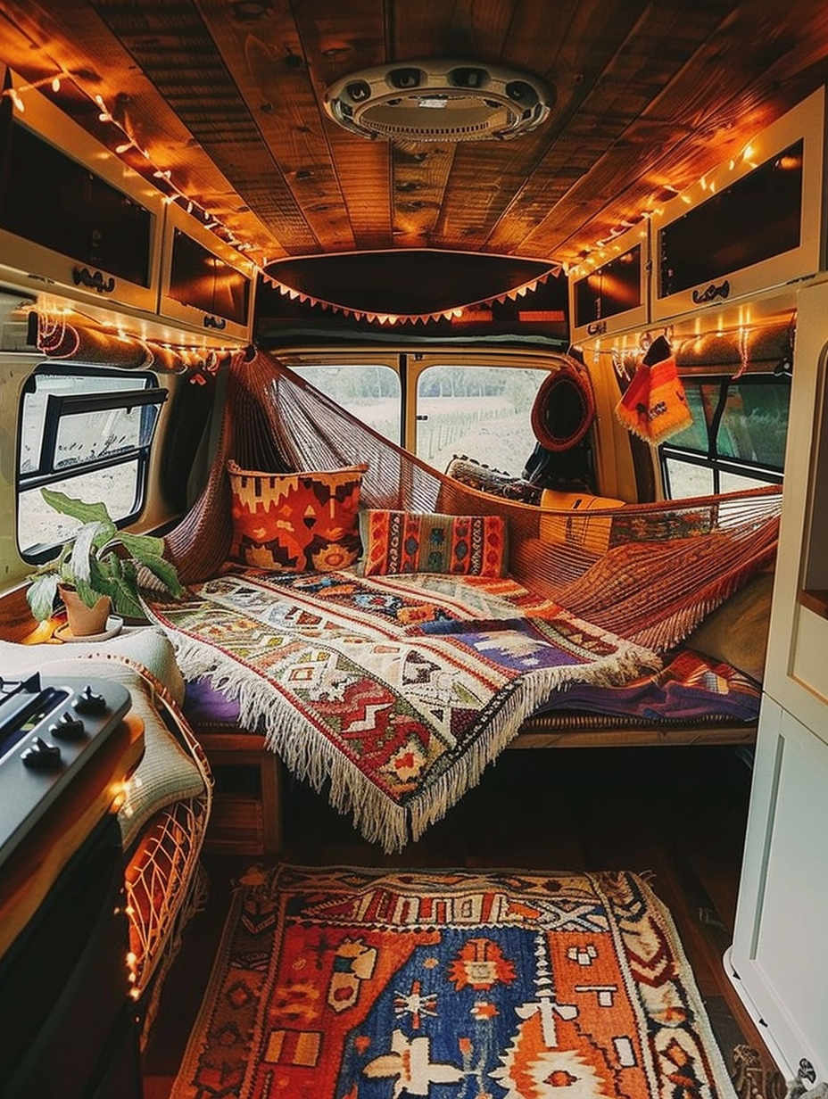 Boho designed camper with full view of the interior. Patterned kilim rug, fairy lights draped across a wooden ceiling beam, and hammock with vibrant ethnic design hanging in one corner.