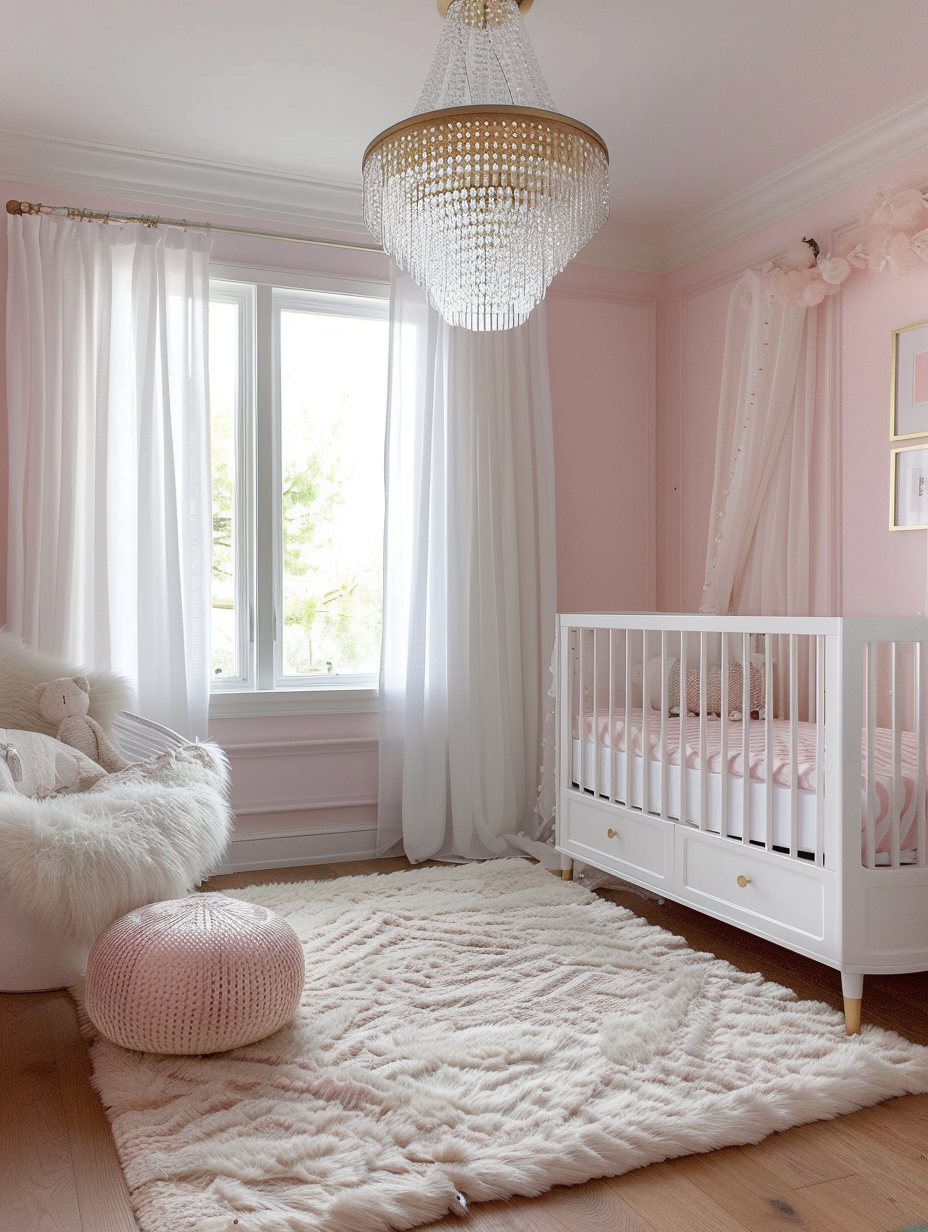 Modern Pink Nursery. White crib with pink beddings set against light pink walls, a shaggy white nursery rug situated on brown wooden flooring, and one large window draped in sheer white curtains allowing natural lighting to accent a gold and pink chandelier.