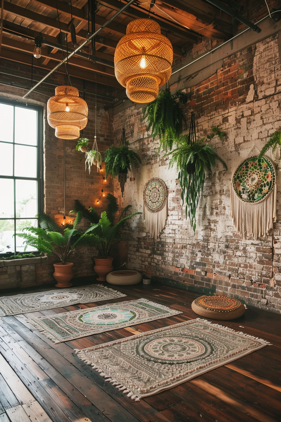 Yoga studio. Rustic brick walls with the weather-worn teak wood floor, cushioned papyrus mats featuring Mandala designs, and suspended macramé plant hangers showcasing green ferns.