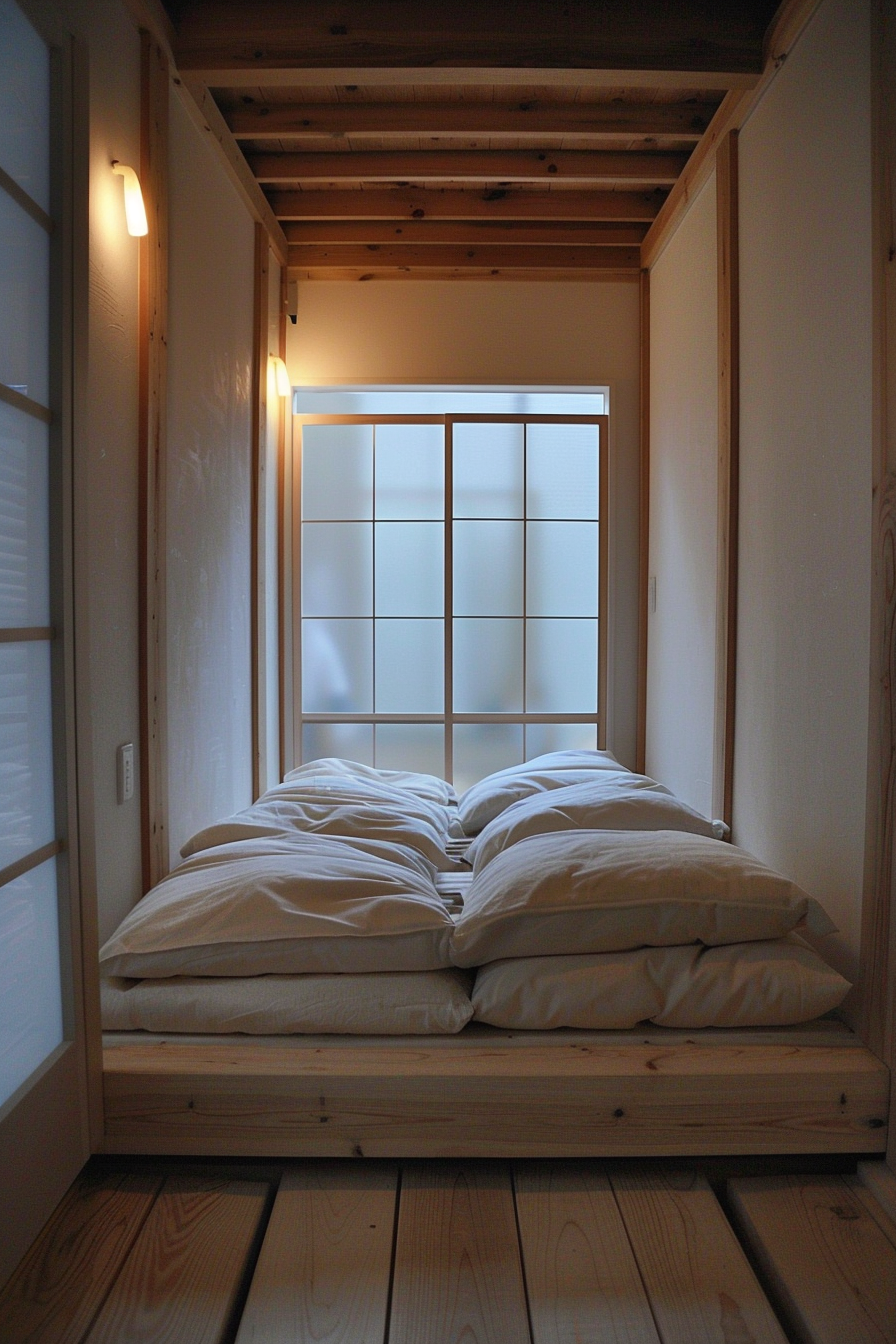 Interior of Japanese Tiny House. Futons, tatami mats, minimalist aesthetic.