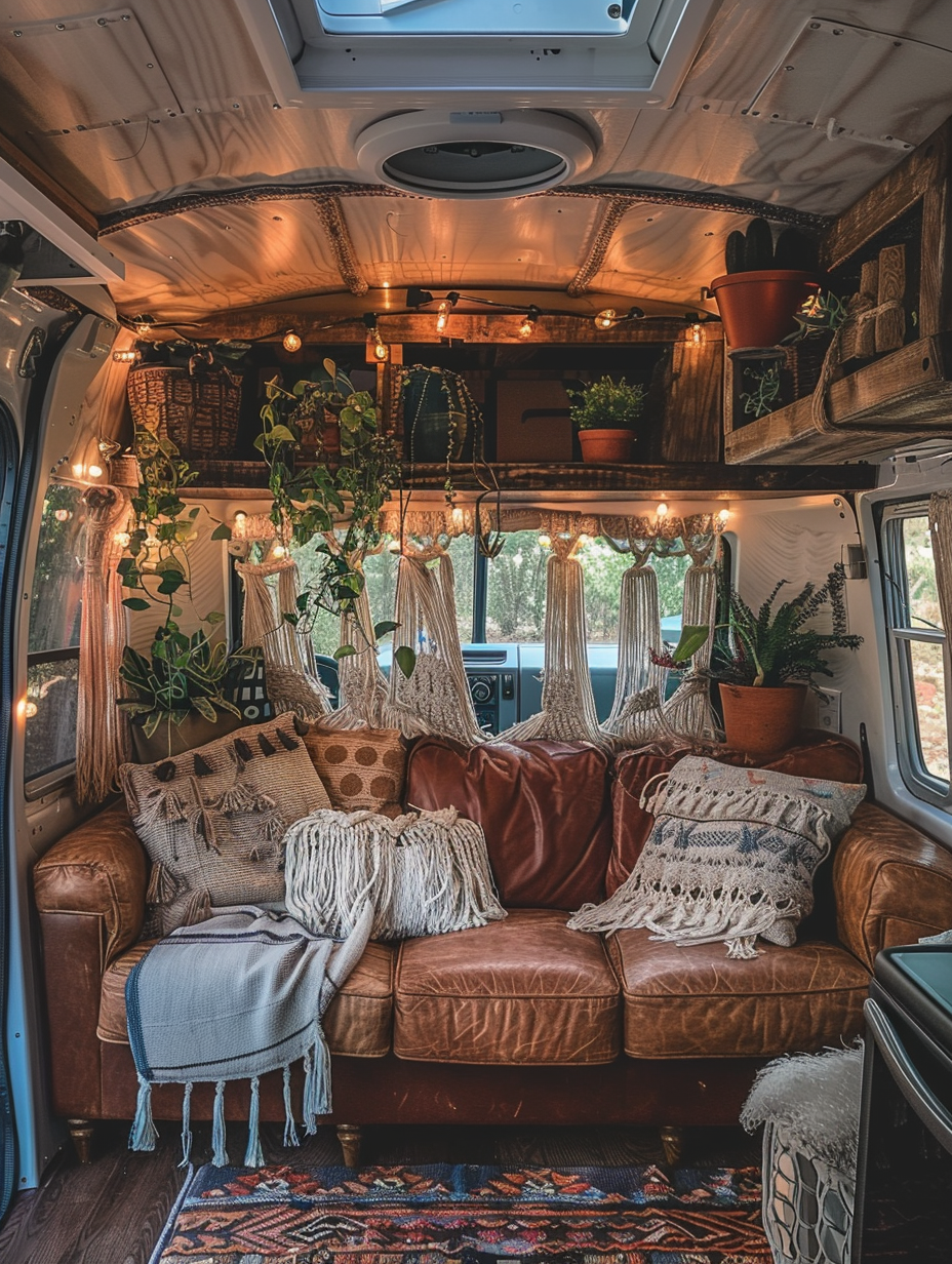 Boho Designed Camper Interior. Distressed leather couch flanked by string-lit macrame curtains.