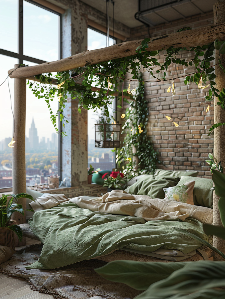 Loft bedroom interior, boho chic style. Room with driftwood canopy bed, tied-dye bedding, unplastered bricks, and a lush green hanging plant near an opened casement window showcasing the cityscape.