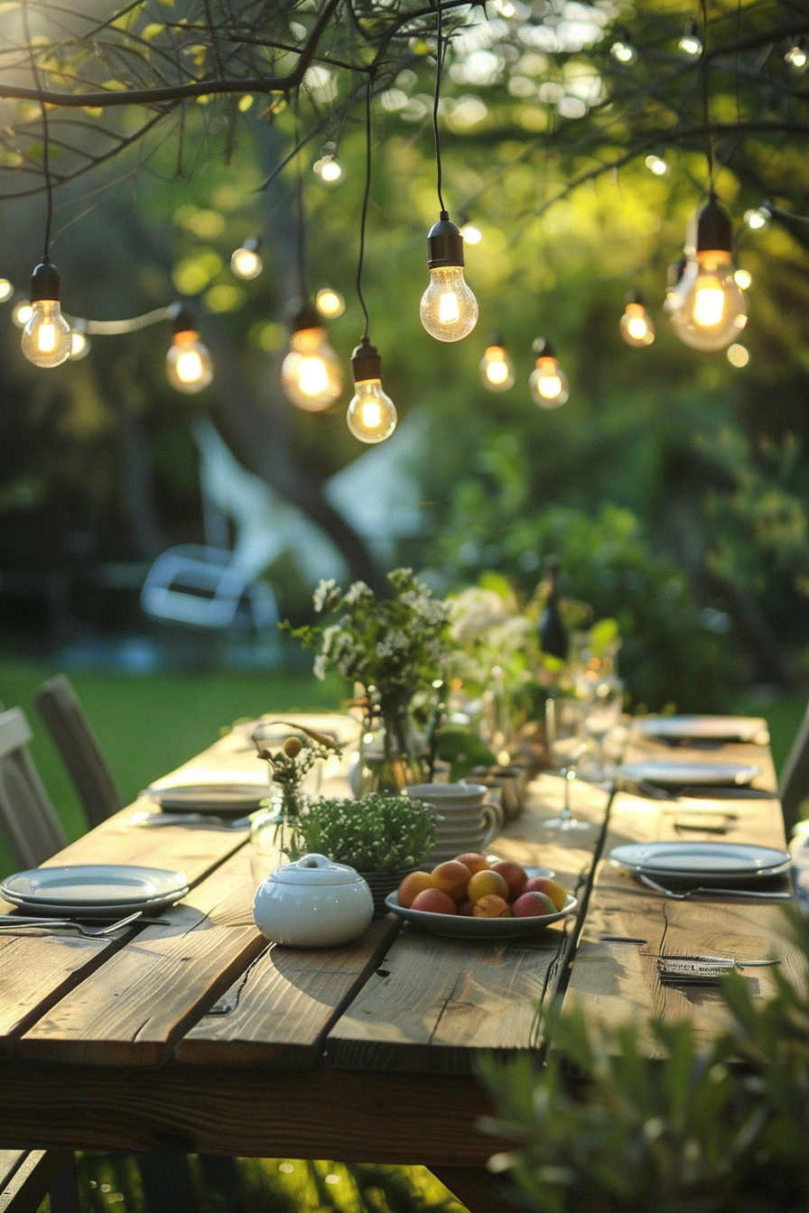 Backyard Dinner Party Table decor. Rustic wooden table set with white ceramics and strings of edison lights draped above.