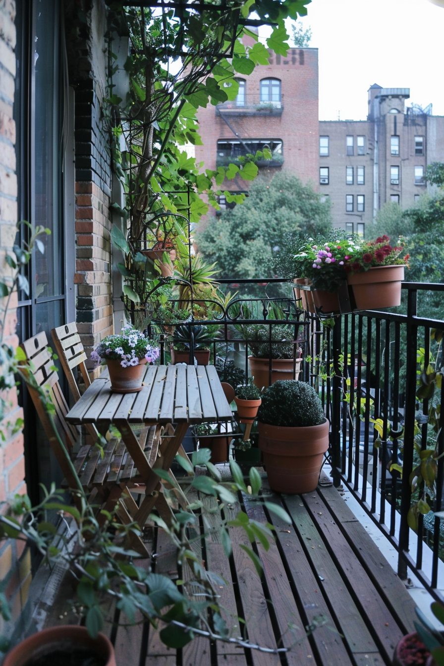 Small urban balcony. Distressed wooden furniture, terracotta pots, cascading ivy.