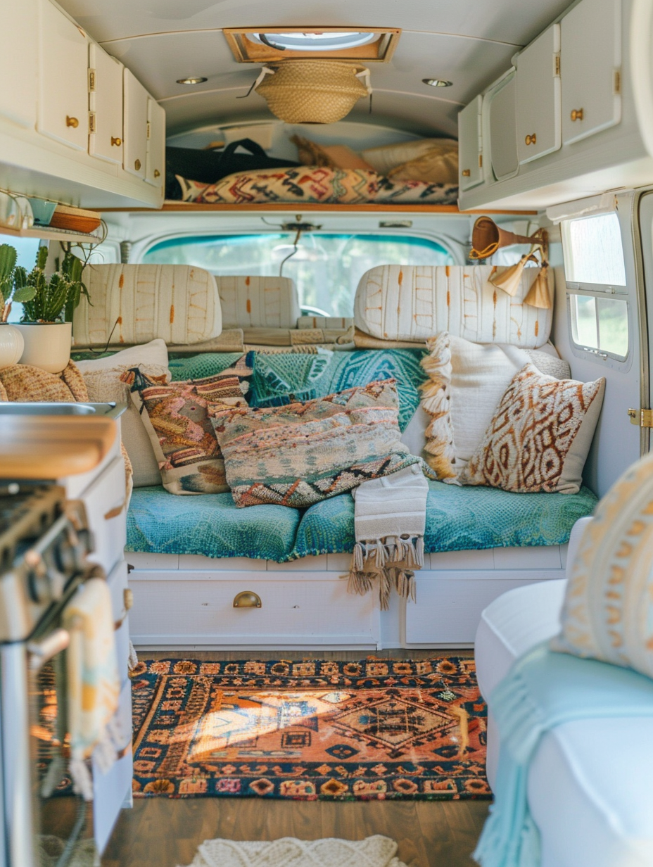 Interior view of a boho-designed camper. Pastel blue features and Aztec-inspired throw pillows.