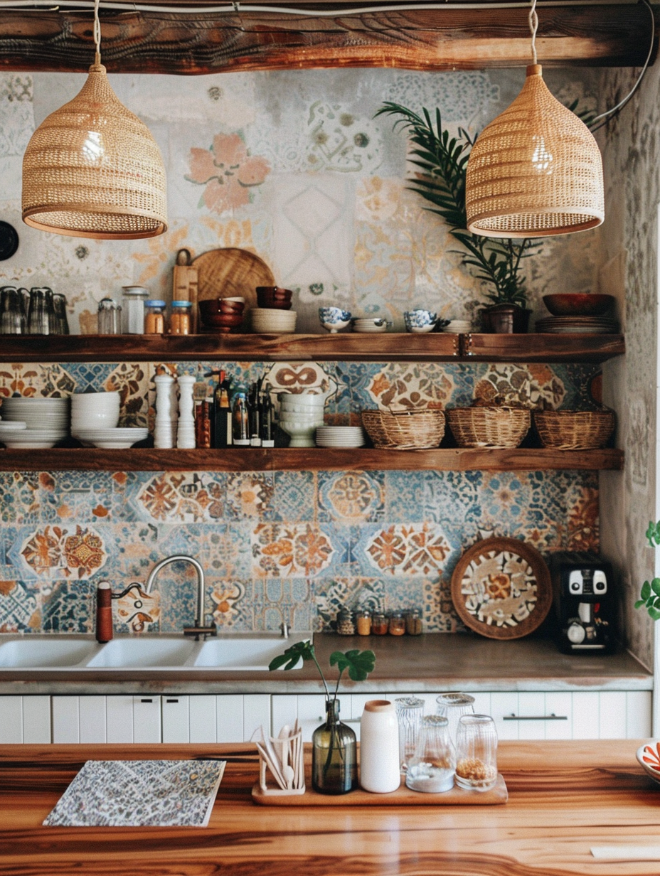 Boho kitchen. Colorful ornate Moroccan wall tiles, open wooden shelves and natural fiber wicker pendant lights.