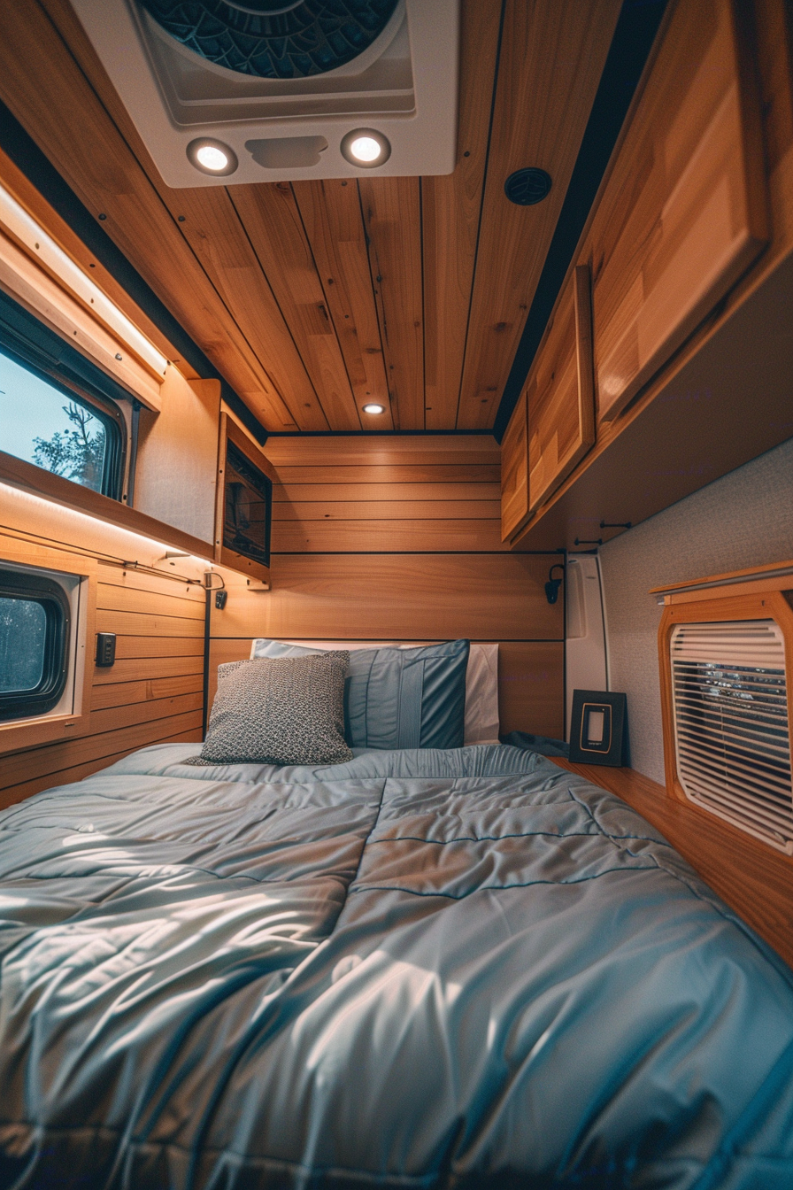 View of small camper interior. Sleeping area with light blue bedding and minimalist wood panel walls illuminated by warm overhead lighting.