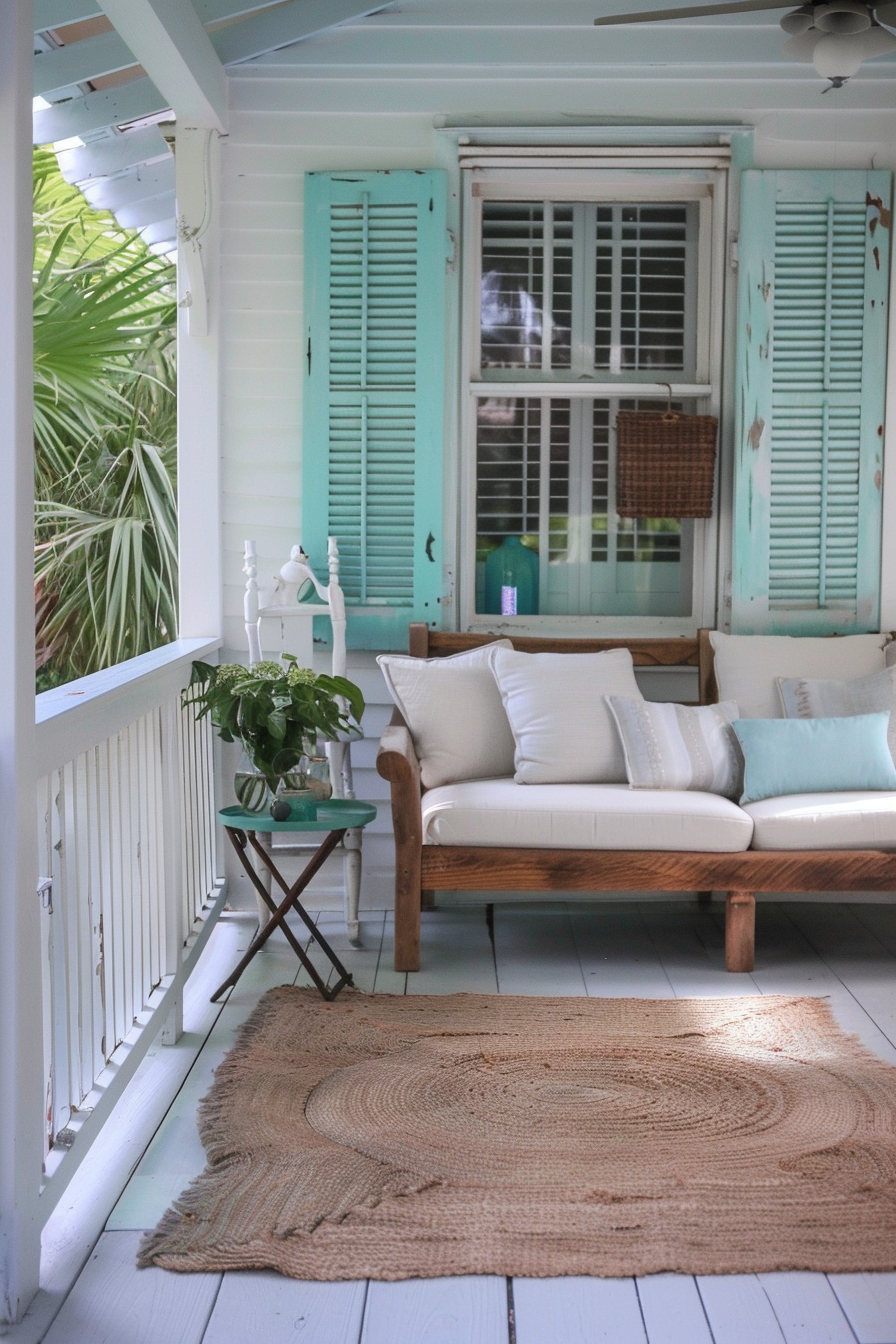 Beachy Breezes Cottage. Porch with teak wood furniture,  natural fiber rugs and weathered shutters in pale blue.