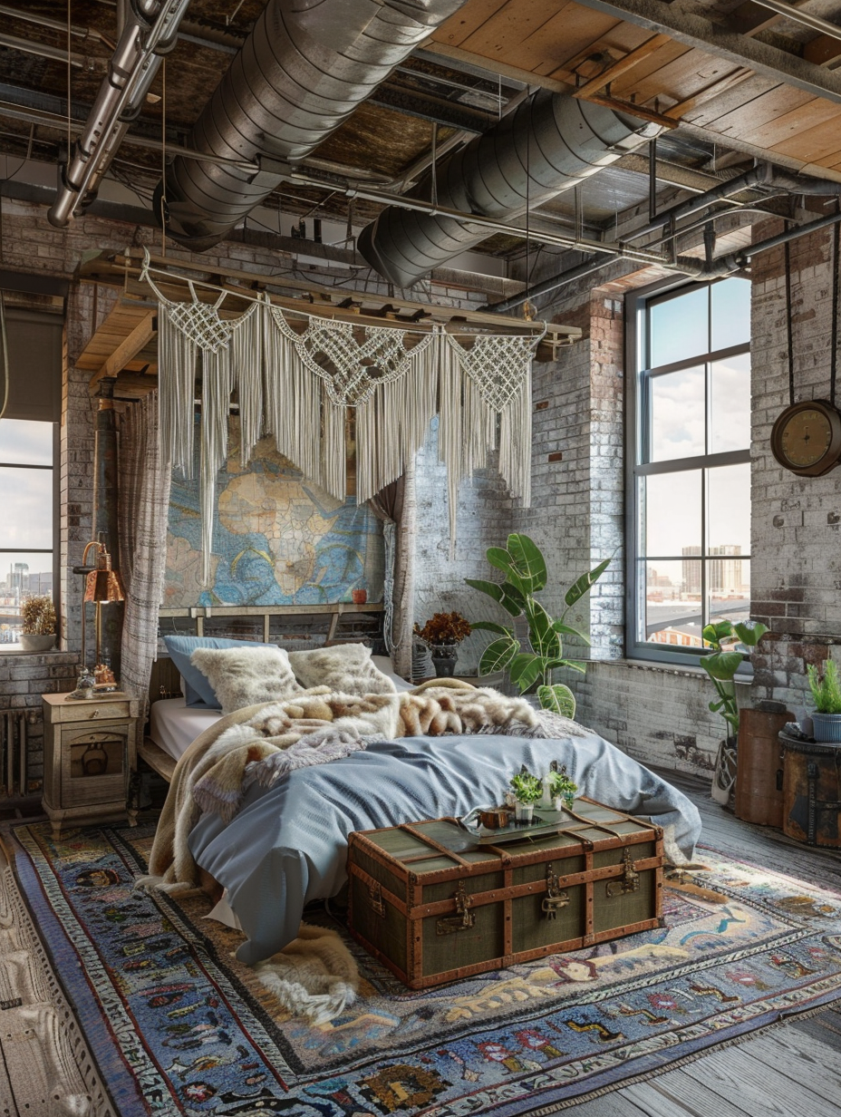 Loft bedroom interior, boho chic style. Exposed brick walls with hanging macrame wall decor, a canopy bed with layered cream and sky blue bedding, worn tribal rug on a wooden floor, vintage trunk as a bedside table with industrial style pendant light hanging overhead. An open climate control duct network crisscrosses the whitewashed wooden ceiling. Tall, wide angle view windows reveal an urban landscape dipped in sunset hues. Numerous indoor plants such as fiddle leaf, ferns and hanging English ivy are scattered throughout the room. To further enhance the boho vibe around the room, a large, fringed woven tapestry in soft pastel hues embellishes one of the walls.