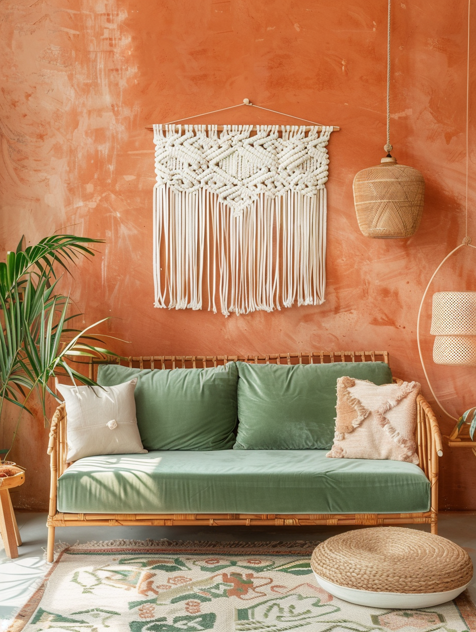 Living room. Soft white macrame wall hangings on terracotta walls with a green velvet couch, surrounded by bamboo accent furniture.