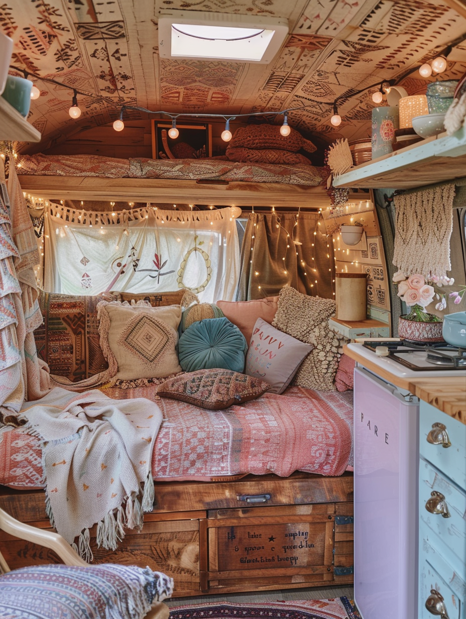 Interior view of camper. Pastel blue, pink and beige couch adorn with boho-inspired fabric, collages of inspired Aztec pattern cushion sets, stringed fairy lights tactfully hanging around. End corner consists of an antique style, round shape pastel-orange refrigerator with wooden surface cooking area located beside achieved with wooden panels displaying natural wood grains. Bed backdrop done using luxurious white cotton canopy with beige Aztec tapestry, a fusion of pastel lilac and mint blankets with scatter pillows on the bed having Aztec prints. Draped by the side of the gloomy white canvas window covering is a retro plaid design linen-cotton kitchen towel. Interplay of the vibrant display of boho styled rugs, thrifty chic scatter cushions neatly stacked pastel color vintage style enamelled iron bowls placed on wooden coffee table carved in up cycled suitcase with a space saving foldable design fashioned wooden chair to finish the lavish touch.