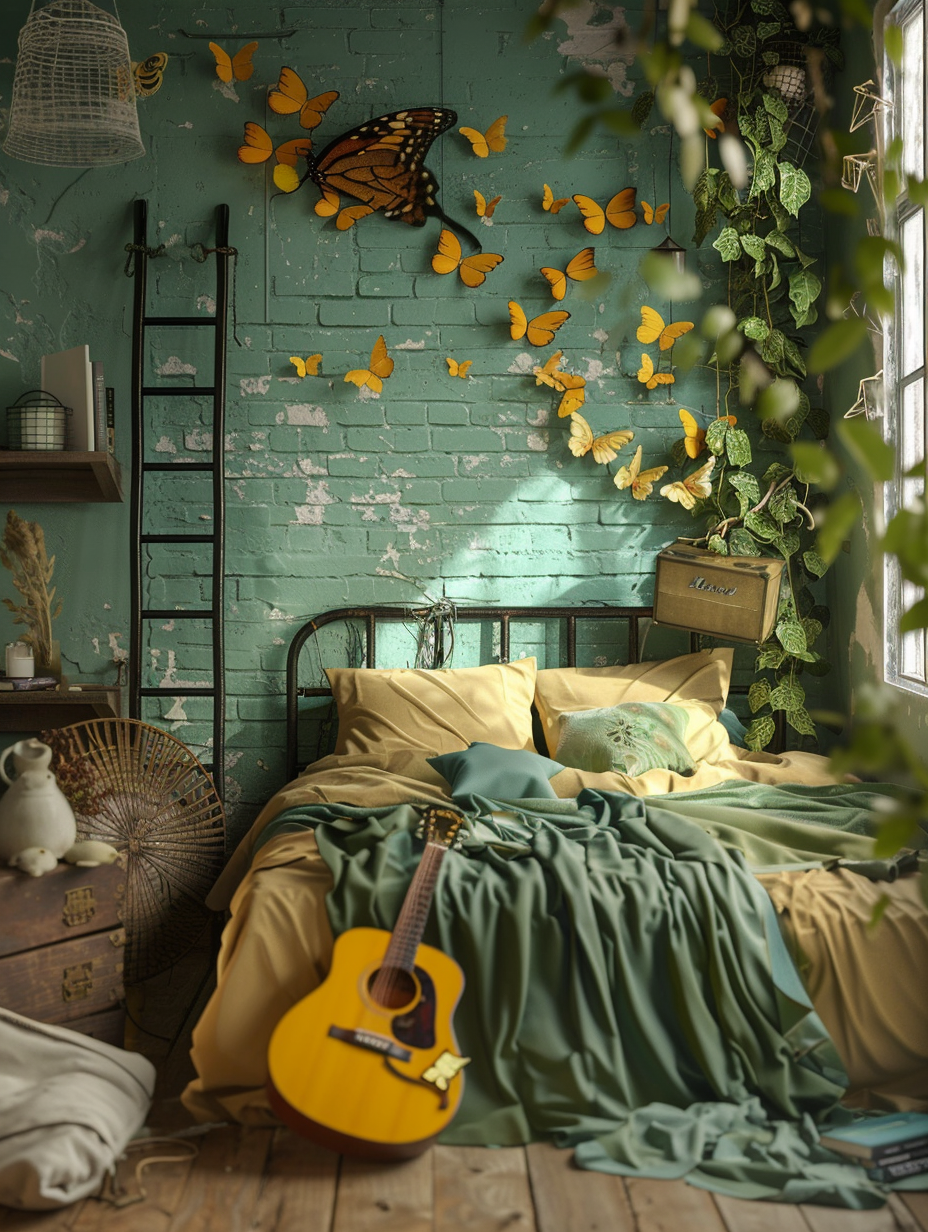 Loft bedroom interior, boho chic style. Hardwood flooring, elevated plywood bed upon a black industrial ladder and a bright yellow guitar mounted on exposed brick walls. Butterflies caught in various sized, geometric wired cages giving off a shadow display in natural sunlight escaping from a broad black framed sky window. A sage green tasseled throw blanket crowning the corner of the bed, unfurled paperback books scattered haphazardly all around, and an alluring sage stick resting on an opened hardcover on tiny rustic side table near grouped scented sage and pine candles caping the textured off green walls. Accumulated plain white, shaggily beaked ceramic penguins in rate units dotting the glossy shuffled white shelves extended across the bob textured white walls while micro dime bag lighting twills randomly scattered adding a glowing dim touch to the scattered collectibles giving the essence of gathered antiques.