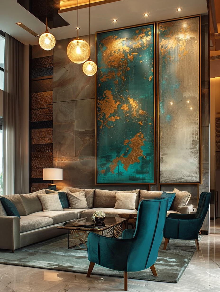 Luxurious and modern interior design. High ceiling living room with recessed LED lighting, mid-century modern furniture and large abstract canvas art in gold and teal color scheme.