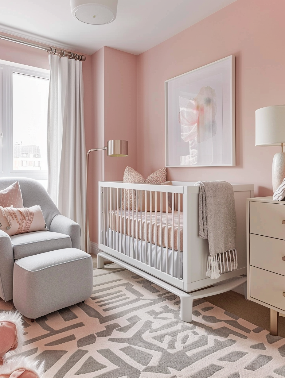 Modern Pink Nursery. Light pink walls accented with a grey geometric pattern rug, a white crib against the wall with sheer white curtains hanging on the windows for ample daylight. A puffy plush grey rocking chair sits next to a sleek white nightstand, topped with a contemporary lamp with metallic finishes. The room's atmosphere plush and aesthetically contrasting confidently with the bold gender-neutral artwork adorning the walls.