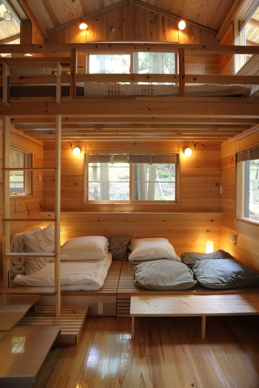 Interior of Japanese tiny house. Modern loft-style with bamboo paneling and floor cushions.