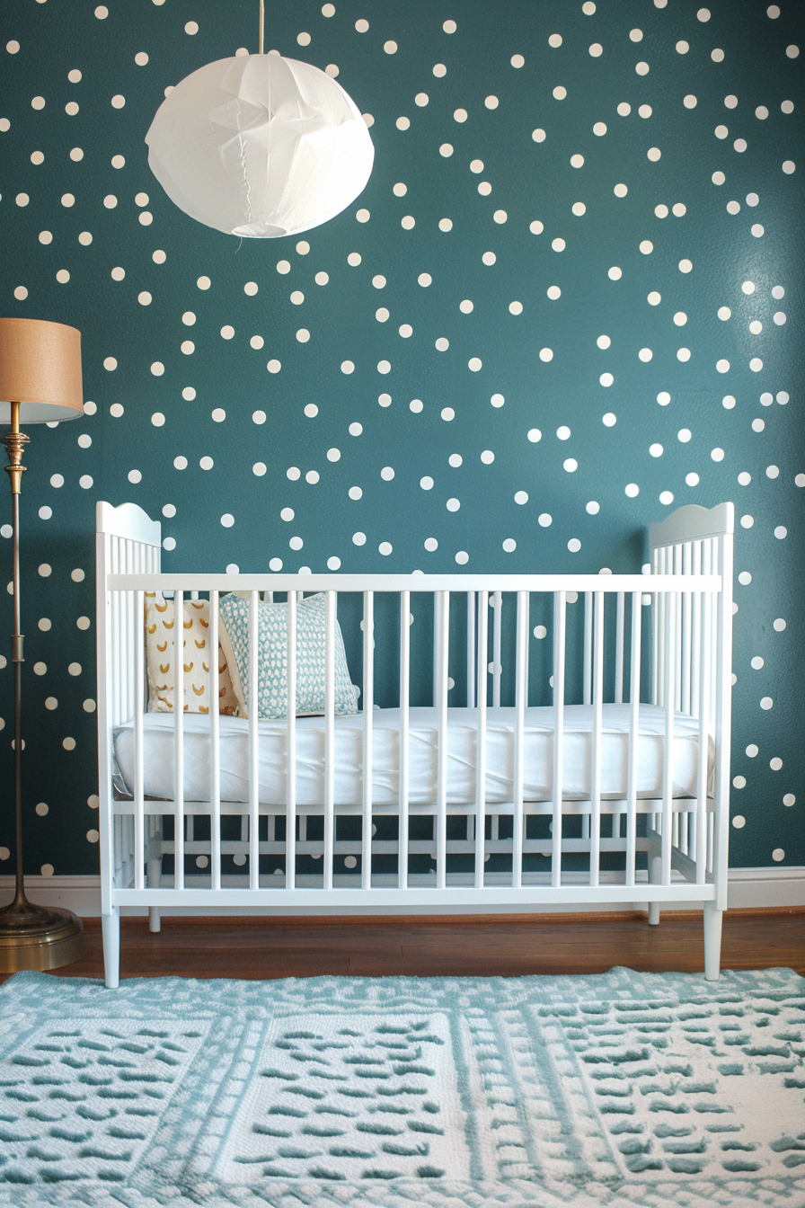 Modern interior baby boy nursery room. Midnight blue crib against mint green polka dot wall.