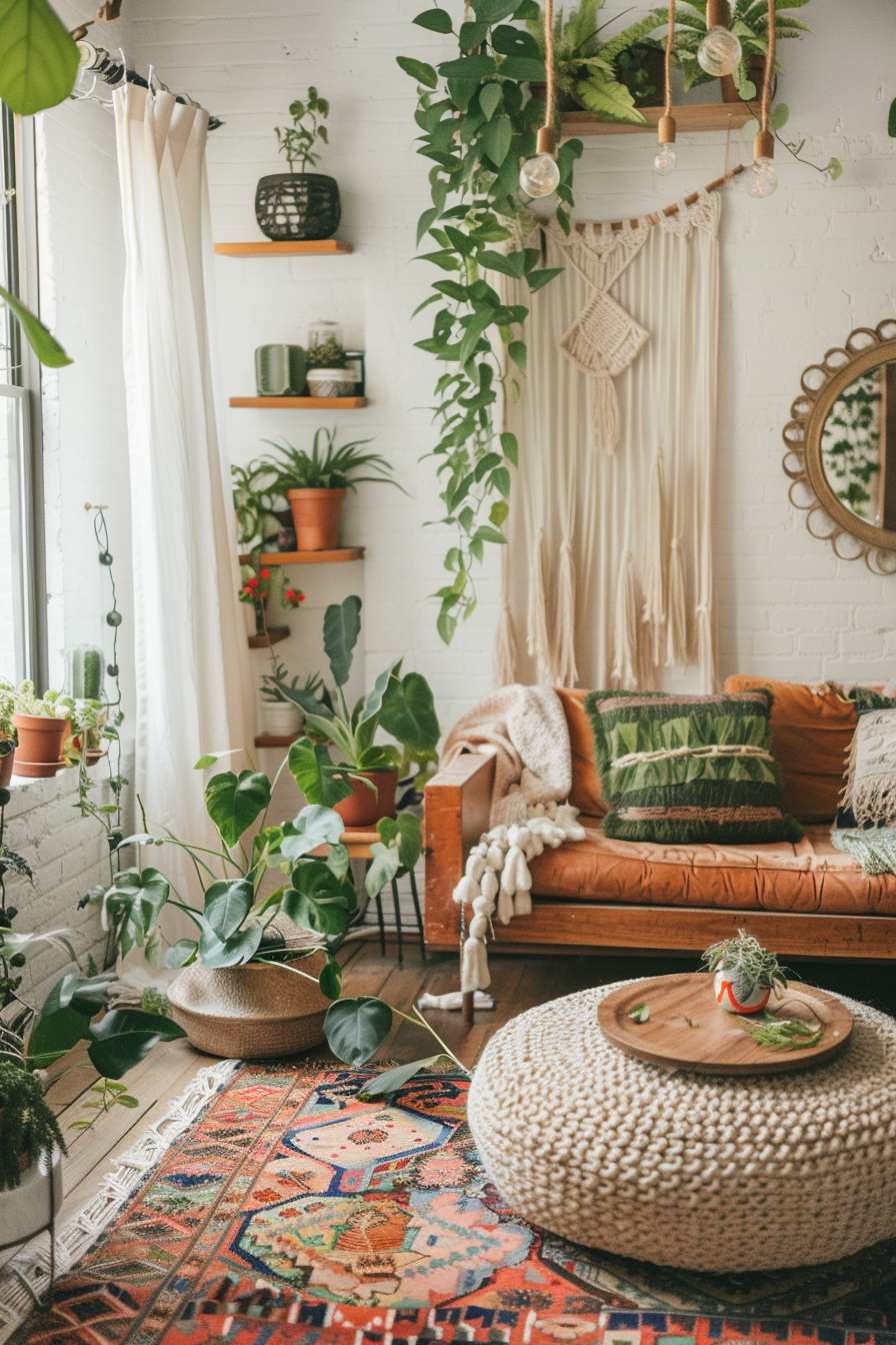 Boho designed Living Room. A large grass and plant wall. Among an array of earth-toned linens and natural materials like wood and rattan. Tulip side table resting on a persian rug with geometric patterns. Walls adorned with string macrame art. Grass and plant wall installation serves as a focus piece of the room between two tall wooden shelves. Round mirror edged with sunlit brass middle of potted hanging plants scattered throughout with an eclectic variety of indoor plants for a lush, earth-driven aesthetic. Beaming country cream painted wooden window frames for additional daylight. Iron openwork coffee tables bordered with coral toned velvet re-upholster vintage sofas supporting canvas typographic accent pillows. A mid-air floating wooden bookshelf emerging emerge between tall viridian plants. Floral-sculpted multicolored chandelier dismantled golden light bulbs drooping from ceiling generate warm light touch. Finally, scattering of green throw-pillow covers and cushion chairs diversified verdant thrill. windows generously open to your terrace flourishing plants for serene and breezy effect.