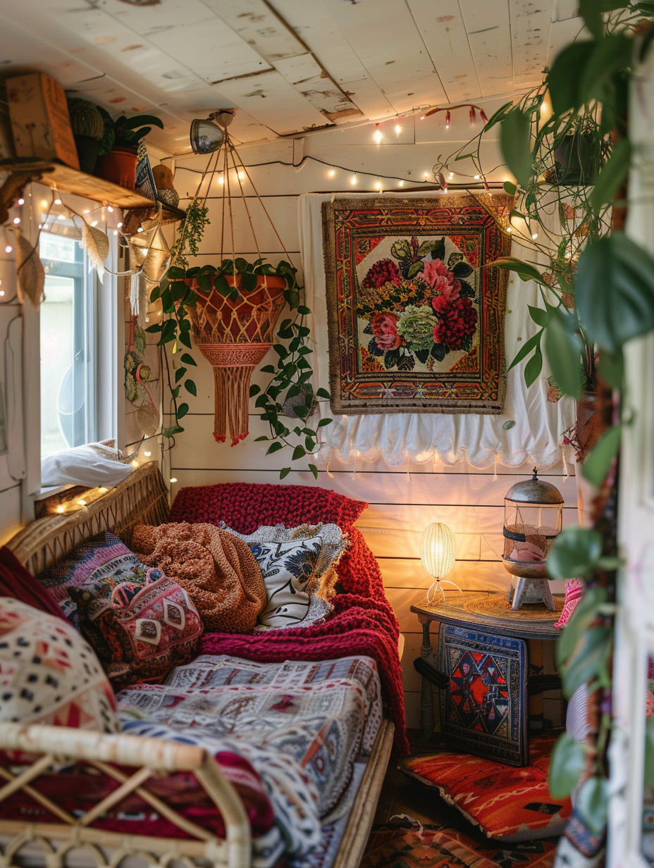 Camper interior design. Antique-style gallery wall, magenta knit wall hanging, hanging rattan chair, fairy lights, patchwork quilts on a pull-out bed, climbing plants hung against white clapboard walls.