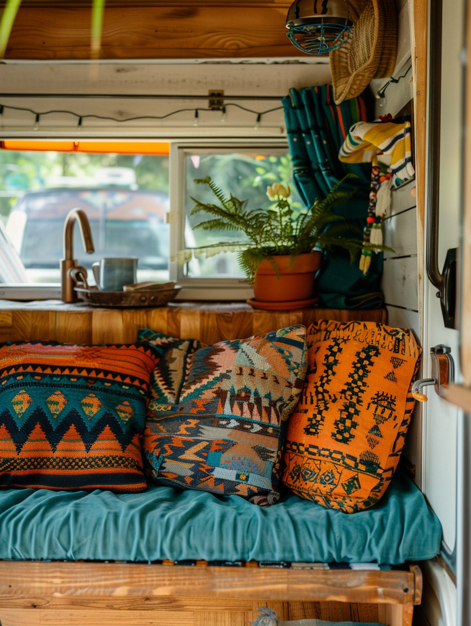 Full interior view of boho-designed Camper. Teal pastel cushions with orange Aztec patterns on a raw wood bench.