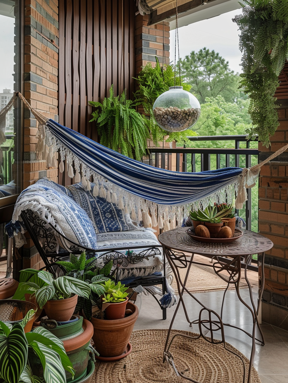 Small and rustic designed balcony. Striped blue and white hammock tied on wooden posts, terracotta pot plants on the floor, wrought iron coffee table draped with a lacy cloth below a hanging clear glass terrarium, thick coir mat on the honed travertine tile.