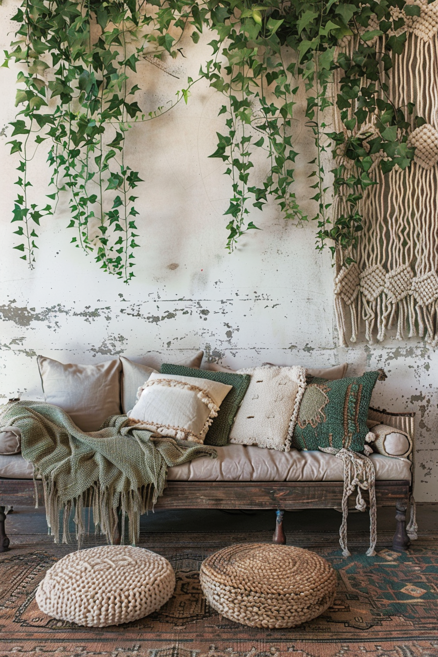 Boho design living room. Wall installation of green ivy and macrame decor against a distressed white wall.