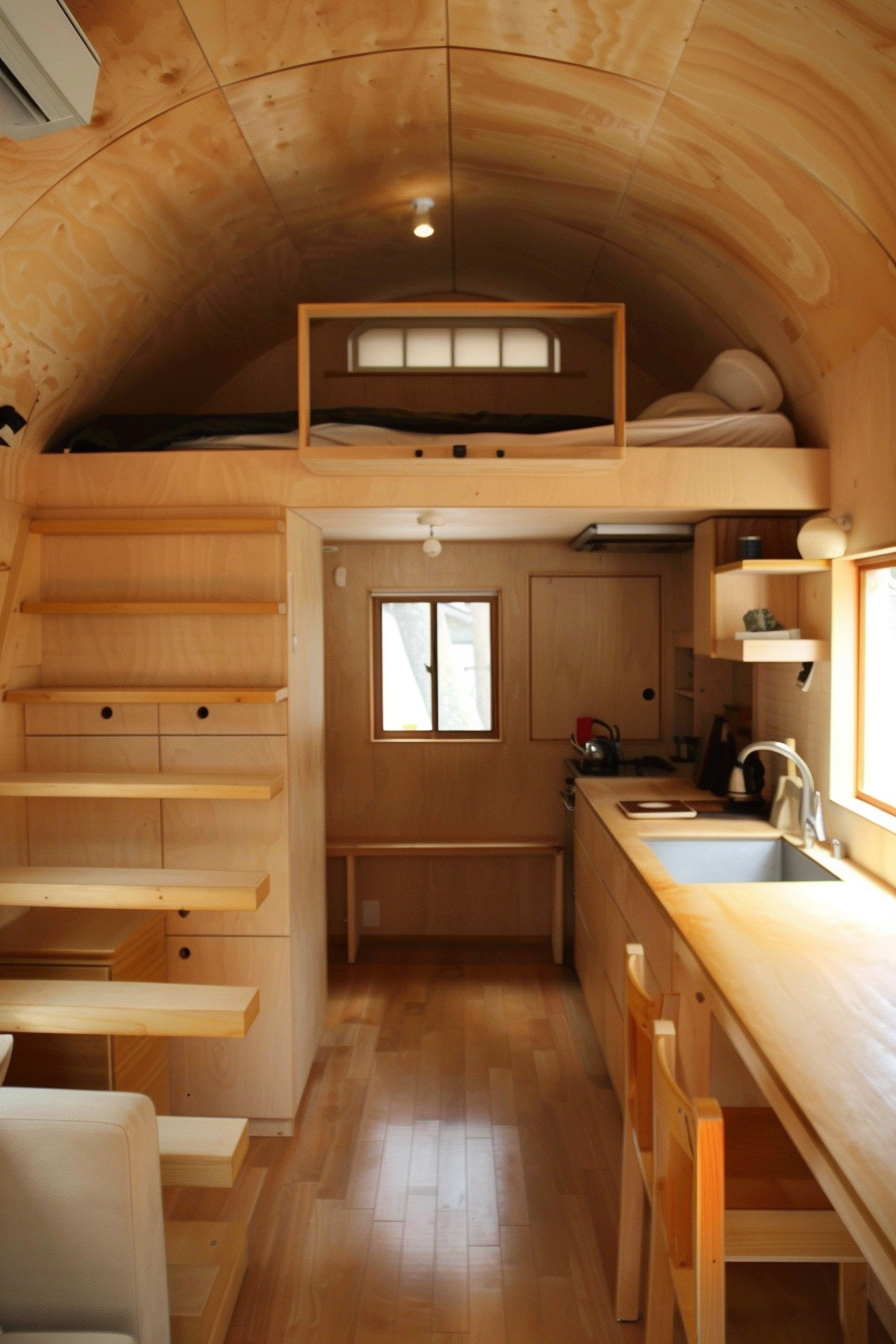 Interior view. Minimalist Japanese tiny house with lofted sleeping area.