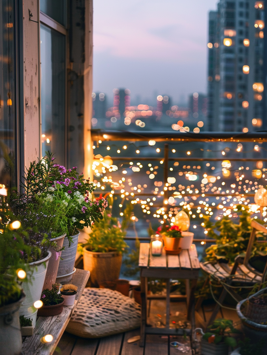 Urban Rooftop. A tiny apartment balcony transformed with potted herbs, minimalist outdoor furniture and whimsical fairy lights strewn over the railing highlighting bright city lights below in dusk.