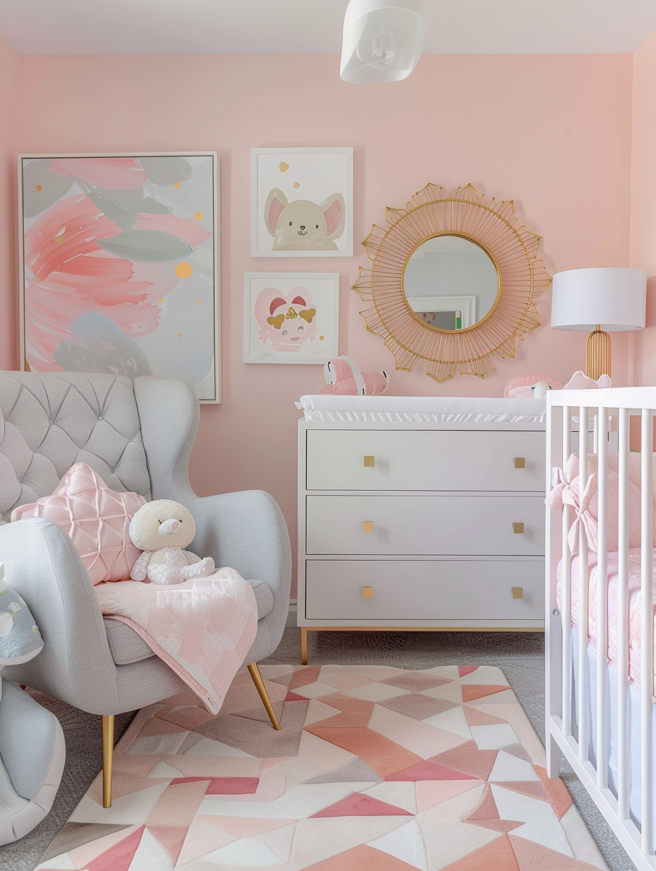 Modern pink nursery. A geometric patterned area rug in shades of blush and cream, under a gray mid-century modern crib with rose quartz sheets. By the white-trimmed powdery pigment pink wall, a pink quilted rocking chair with metallic gold accents stands next to a pure white changing table with sleek pinewood hourglass-shaped legs and gold pulls. Antique gold leaf mirror and canvas paintings constituting of soft pinks, whites, and tints of cream adorn the walls. Plush ultramarine blue elephant toy rests by the pastel pink oversized polygon wire-binish kid lamp sitting atop a compact storage shelf.