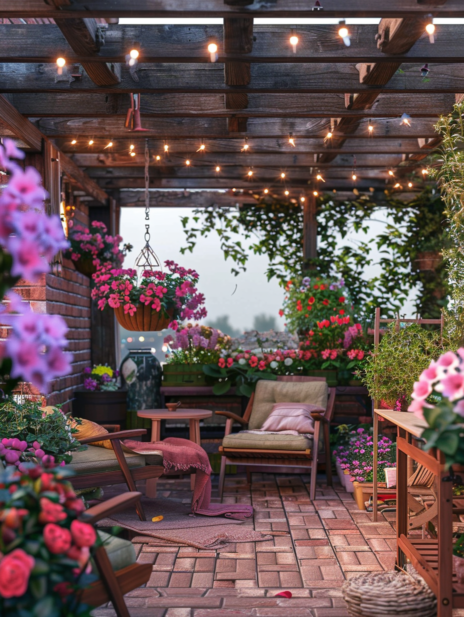 Small and beautiful Urban Rooftop. Aesthetically curated terrace garden filled with colorful flowers, varying in character from delicate exotic Orchids to hardy Rockroses, arranged beside laid back single seater recliners, all under dim, mellow fairy lights strung across wooden trellises leading the eye to the rustic brick staircase down.