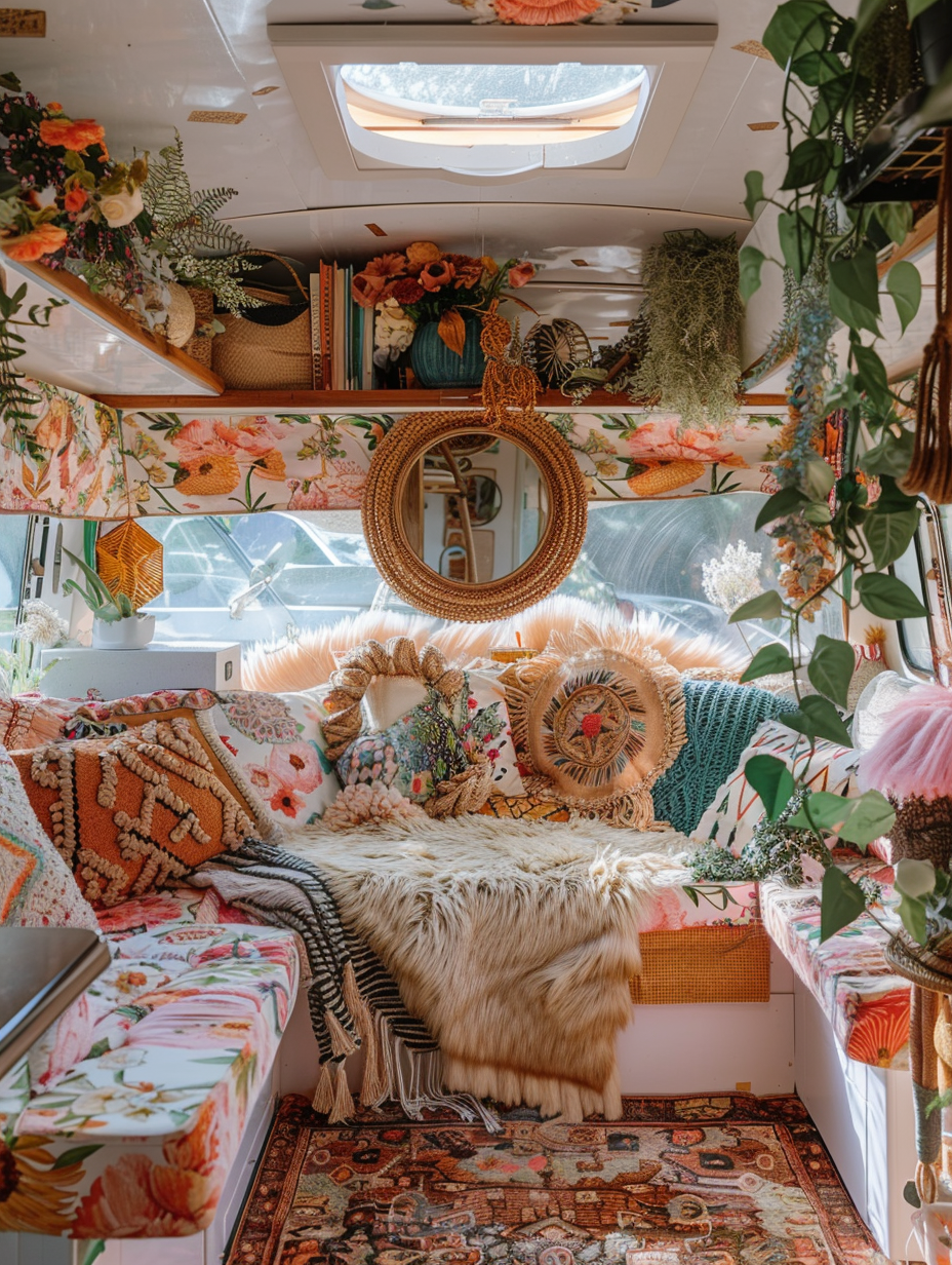 Interior view of boho camper. Pastel colored upholstery with Aztec patterns, hanging plants, round mirror with a braided rope frame, and a furry rug.