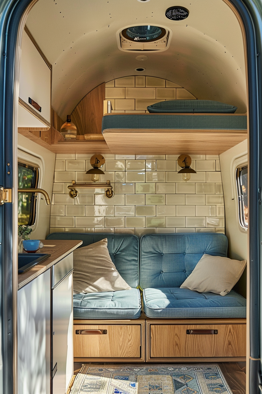 View of a small camper interior. Cream insulated walls, mahogany convertible bunk bed cum seating area, open kitchenette with blue tiles and brass faucet.