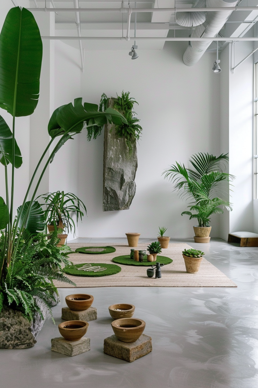 Yoga studio. White washed walls with scattered terracotta pots containing wild green plants.